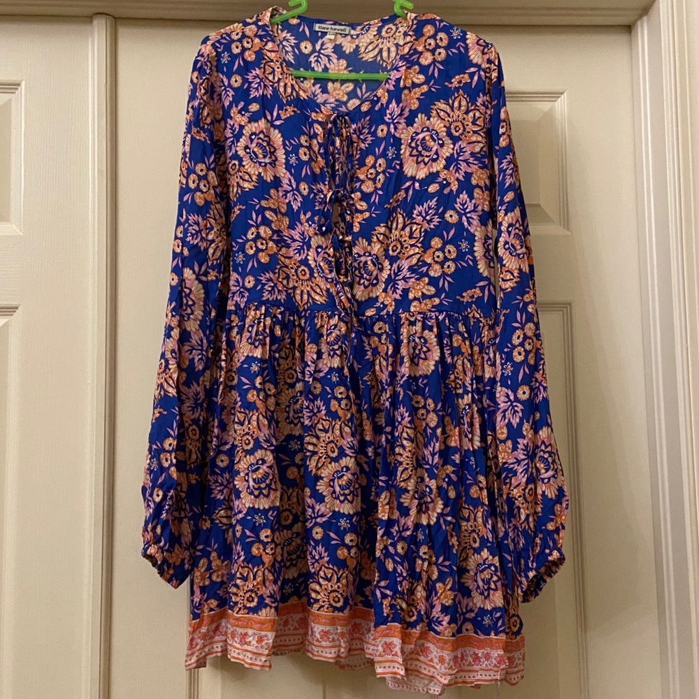 Tiare Hawaii Blue and Pink Long Sleeve Dress